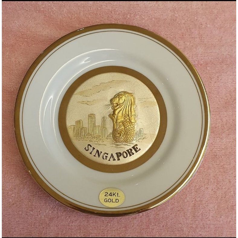 日本 CHOKIN ART SINGAPORE 24K鍍金 鎏金 陶瓷盤 擺飾 古董 VINTAGE 新加坡
