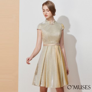 【OMUSES】金蔥旗袍伴娘訂製金色短禮服7-2047