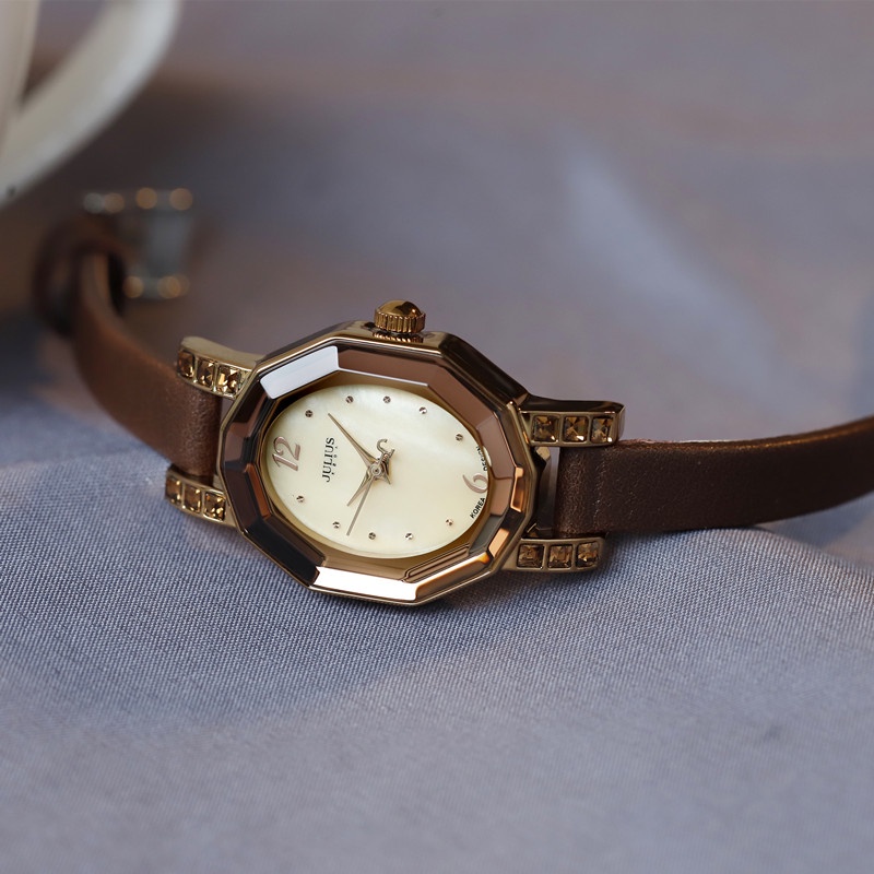 Julius/JULIUS 女士手錶小薄帶手錶女士手錶水晶切割 ol 貝殼表面鑽石手錶 ja-628