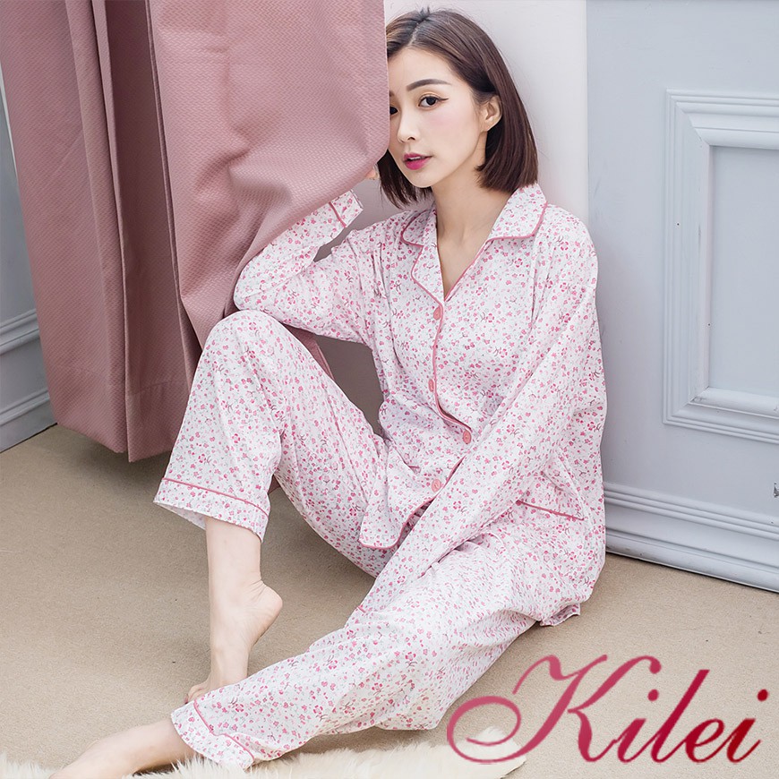 【Kilei】碎花全開釦雙口袋滾邊家居服長袖二件式睡衣組XA4288(花朵粉)全尺碼