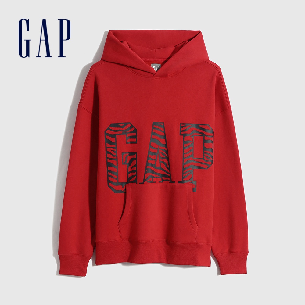 Gap 男女同款 Logo虎紋刷毛帽T 碳素軟磨系列-紅色(762896)