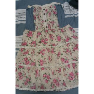 **HANI** 少女系牛仔拼布玫瑰蕾絲花平口蛋糕裙小洋裝
