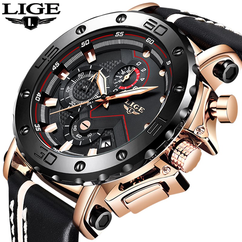LIGE男士手錶 軍用運動手錶 防水手錶 計時碼錶 石英手錶 附贈錶盒
