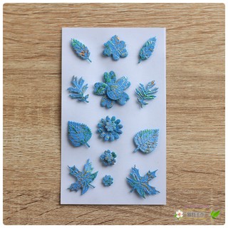 立體貼紙-手工卡片 造型貼紙-金絲光澤 植物葉子 靛藍色 HT-02