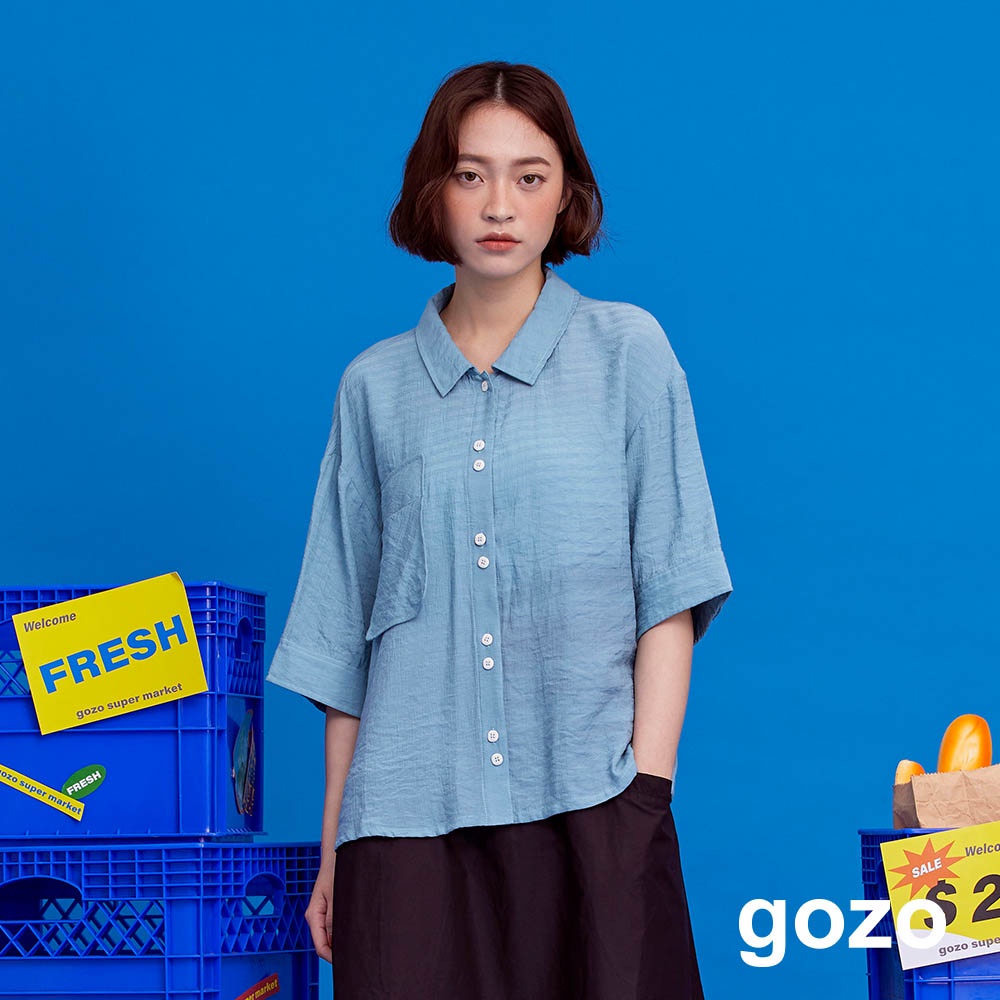 【gozo】後領挖洞透膚短袖襯衫(藍色_M/L)｜女裝 修身 百搭