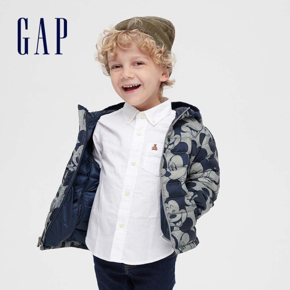 Gap 男幼童裝 Gap x Disney迪士尼聯名 印花連帽編織羽絨外套-灰色(593092)