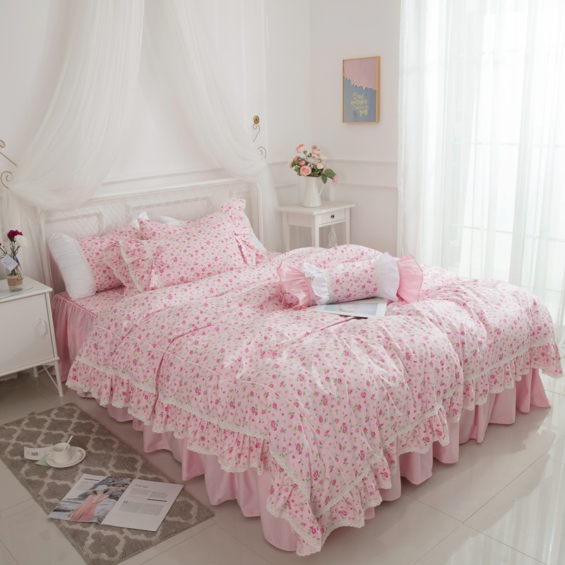 精梳棉床罩 花棲 粉紅色 5尺 標準雙人 加大床罩 薄床罩四件組 公主床裙 蕾絲 薄紗 荷葉邊 床裙組 床罩組 台灣出貨