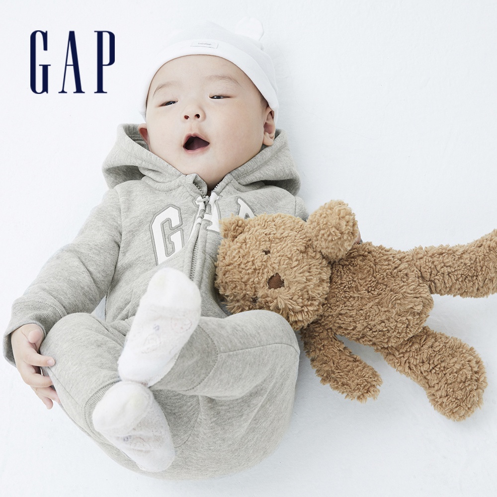 Gap 嬰兒裝 Logo刷毛長袖包屁衣-淺灰色(738836)