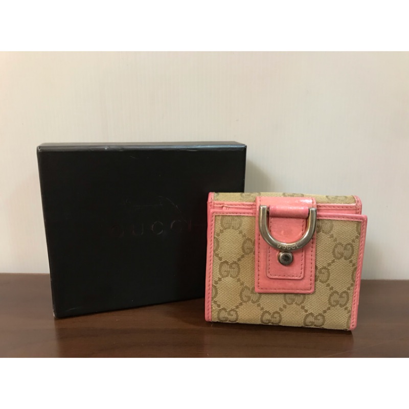 二手正品 GUCCI 粉紅小緹花布短夾/8卡夾/零錢包/原廠盒子