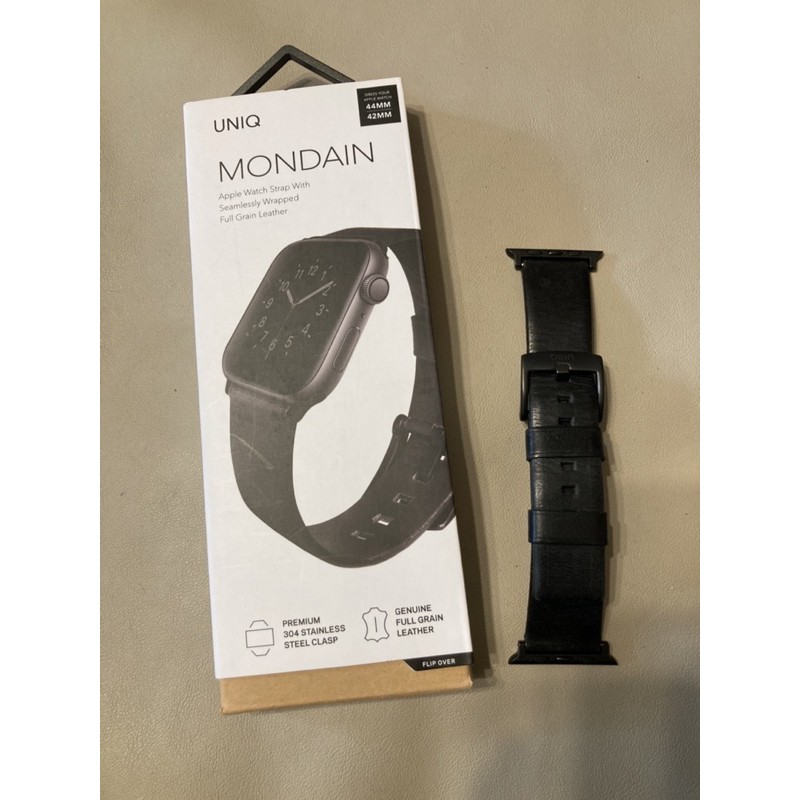 已預訂請勿下單）UNIQ Mondain極簡薄型高級不銹鋼超柔軟真皮革錶帶 apple watch 42/44mm 黑色