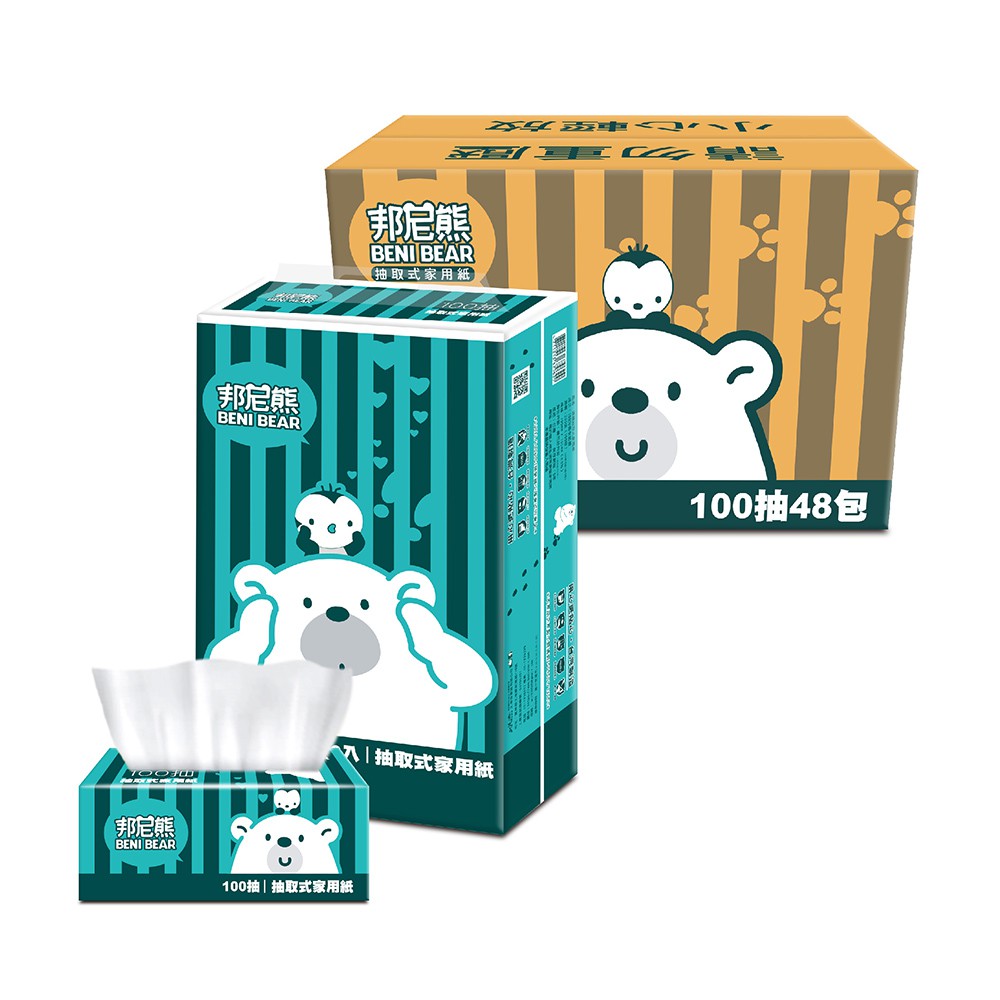 Benibear 邦尼熊 復古綠條紋抽取式家用紙 (100抽x6包x8袋/箱) 廠商直送