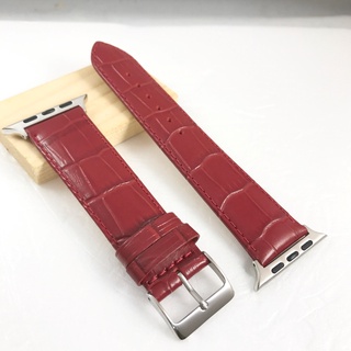Apple Watch 代用 真皮 棗紅色 暗紅色 紅色 壓鱷魚大格紋 錶帶 雙面 牛皮真皮 不鏽鋼針釦 44 40