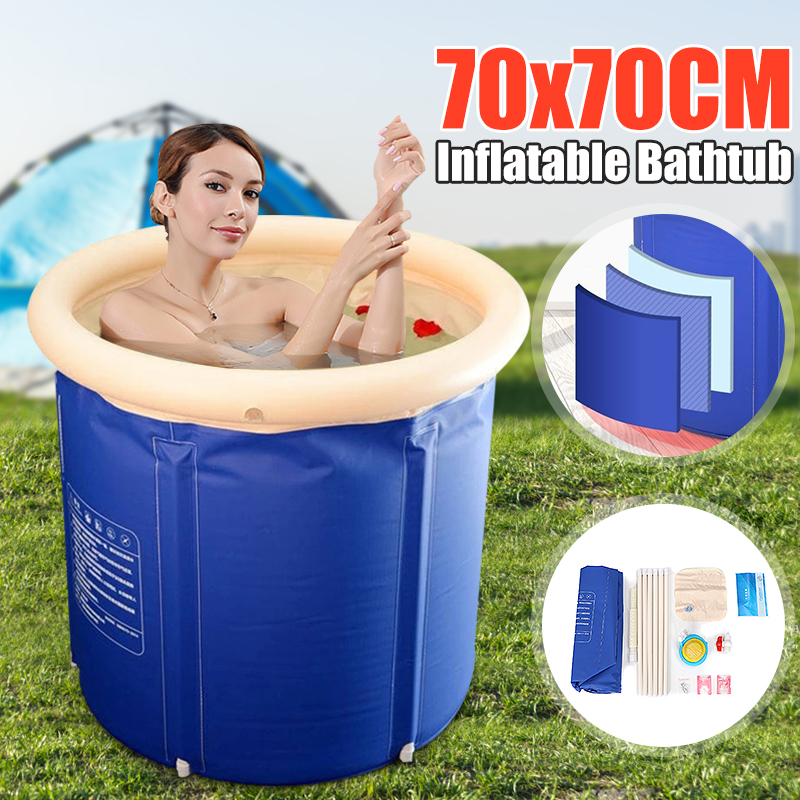 家用大號折疊浴缸成人浴桶加厚兒童折疊桶充氣小戶型藍色120-150l 70x70CM