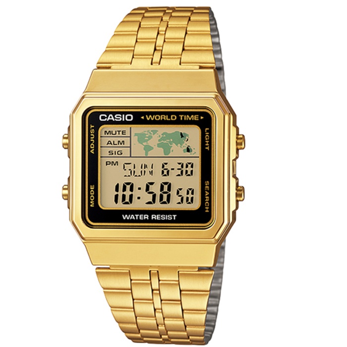 【CASIO 卡西歐】金色復古方型世界地圖電子錶( A500WGA-1DF )