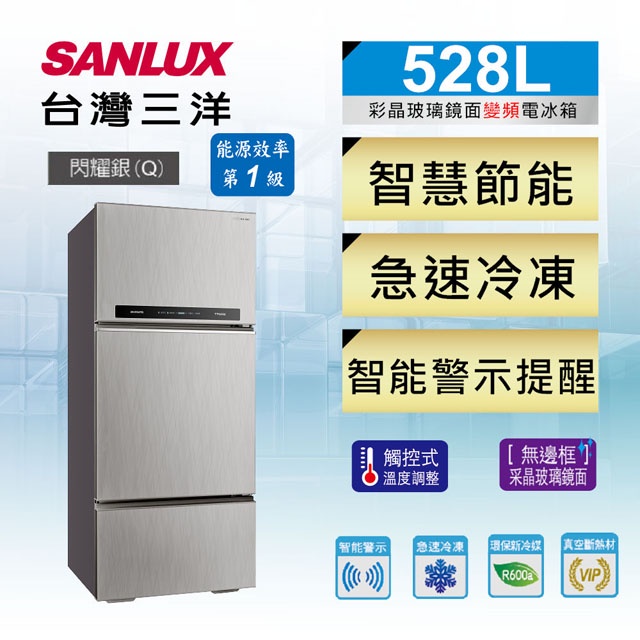 實體店面 三洋SANLUX【 SR-C528CV1A 】528公升變頻三門冰箱 一級能效