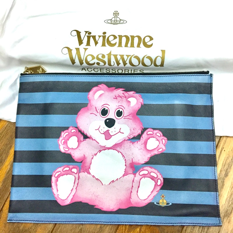 Vivienne Westwood 限量系列粉紅小熊條紋真皮手拿包