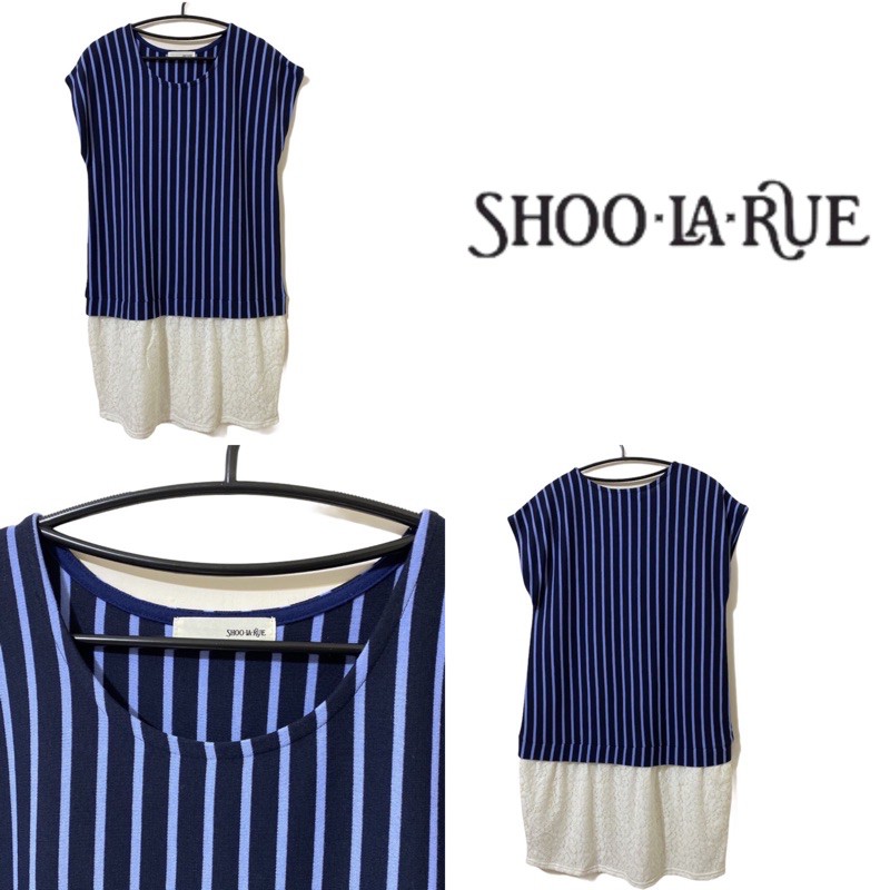 女裝 二手衣 現貨即出 全新 日本 Shoo La Rue條紋蕾絲異材質拼接假兩件式落肩洋裝 蝦皮購物