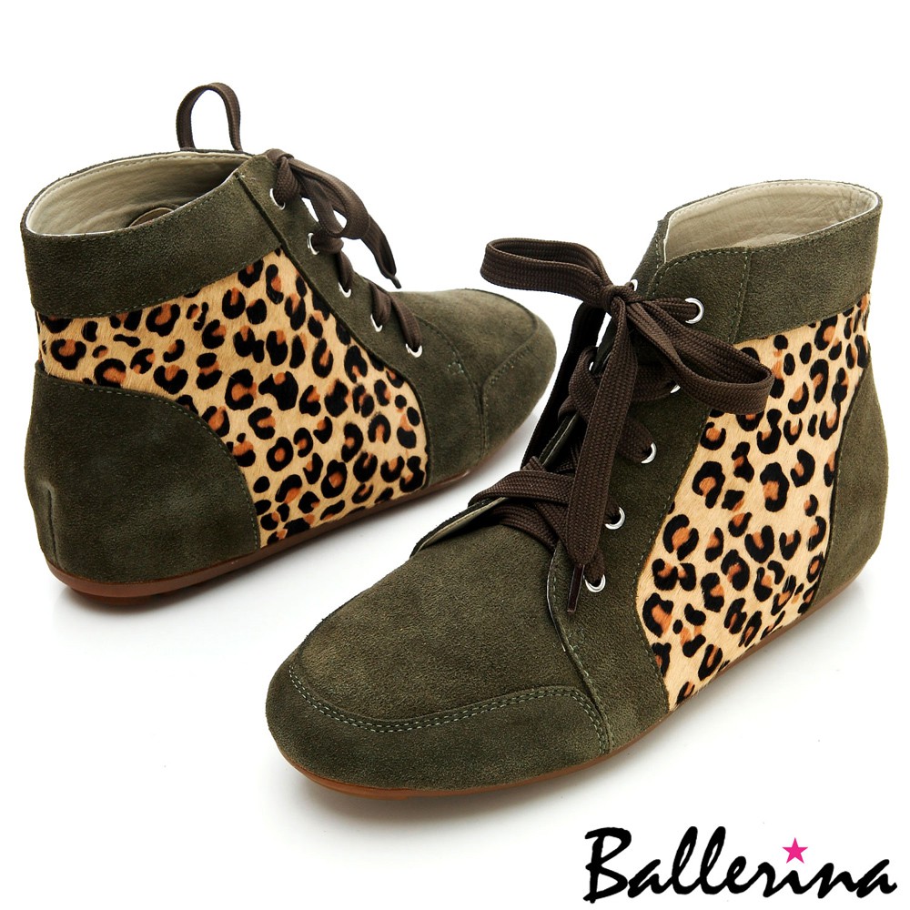 Ballerina-全真皮豹紋拼接內增高短靴-綠