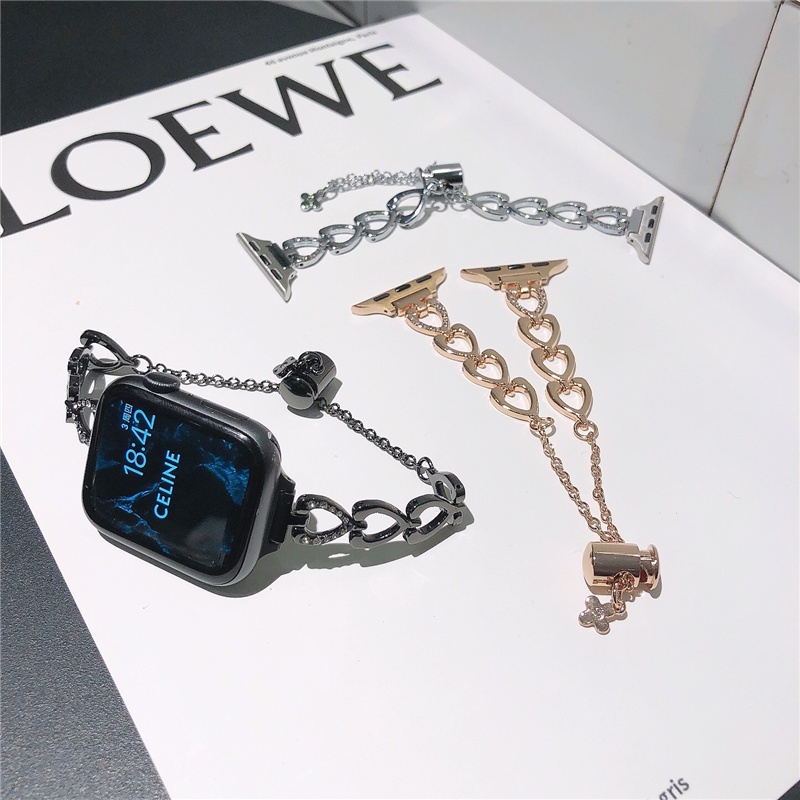 金屬鑲鑽小愛心錶帶 適用 apple watch 蘋果錶帶 iwatch SE 1-9代通用 夏季新品 不鏽鋼高級腕帶