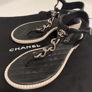 Chanel 香奈兒銀鍊 一字夾腳涼鞋 黑色 #36.5