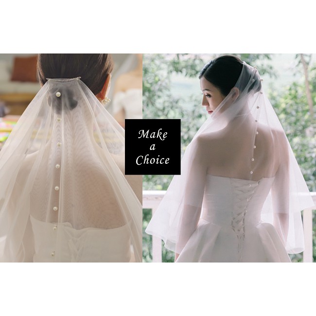 A210401【現貨】韓式簡約氣珍珠釘珠附髮梳短款雙層軟頭紗。自助婚紗新娘旅拍
