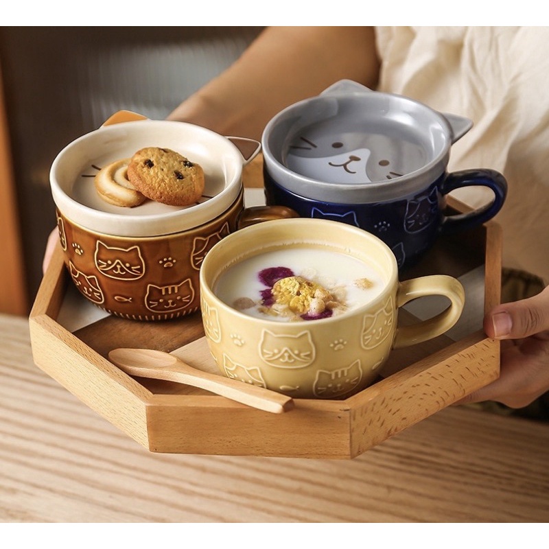 台灣現貨🇹🇼 貓咪陶瓷杯 早餐杯 帶蓋馬克杯 小盤子「好好生活🍻質感人生」✨