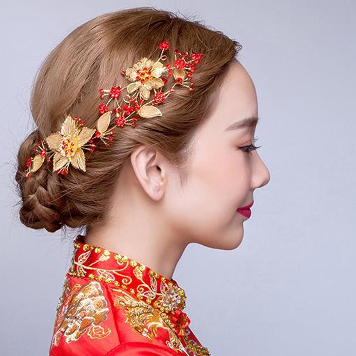 新娘頭飾紅色中式古裝髮飾秀禾服敬酒洋裝配飾結婚飾品頭花髮飾配飾