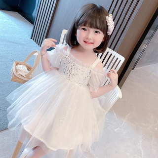 女童夏季洋裝 兒童白色公主裙 小女孩蕾絲蛋糕裙 寶寶短袖蓬蓬紗裙