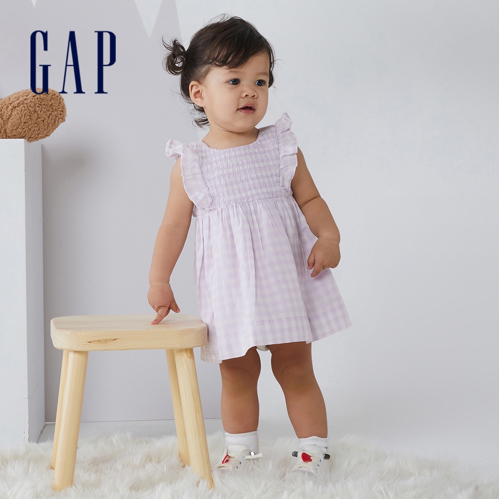 Gap 嬰兒裝 純棉荷葉邊無袖洋裝-紫色格紋(832676)