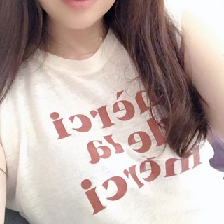韓國品牌，無袖米色竹節棉merci 文字圓領T恤，free size