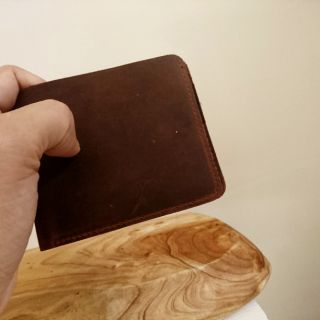 手作牛皮 短夾 咖啡紅色 （1鈔+6卡層）