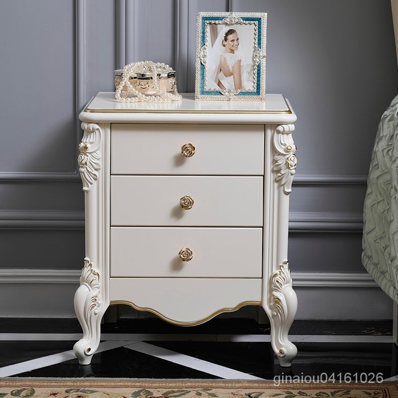 免運 歐式床頭櫃臥室簡約現代多功能白色描金實木雕花法式浪漫儲物柜子