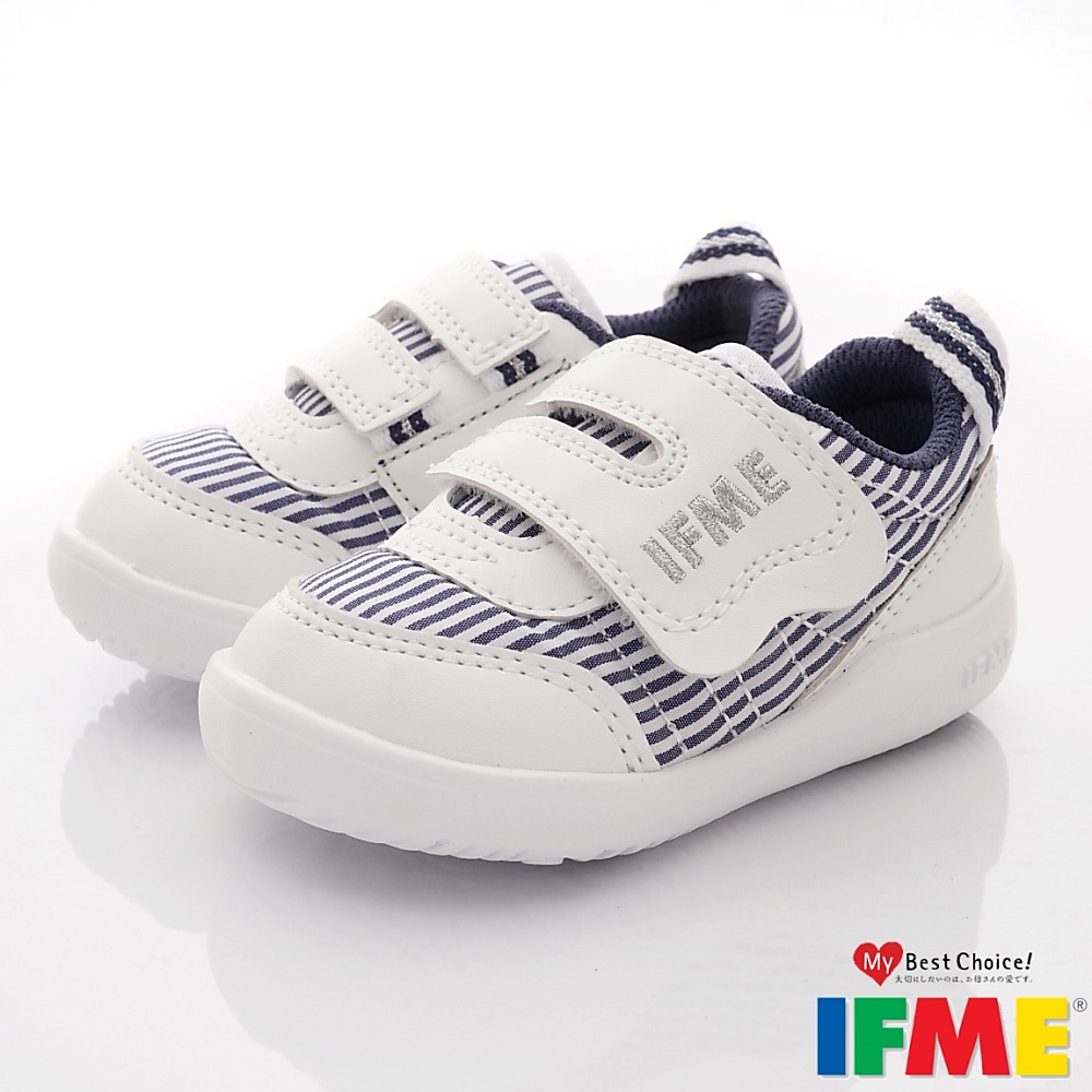 日本IFME健康機能童鞋 輕量系列大絆帶休閒條紋學步鞋款  230513白 (寶寶段)12.5-15cm