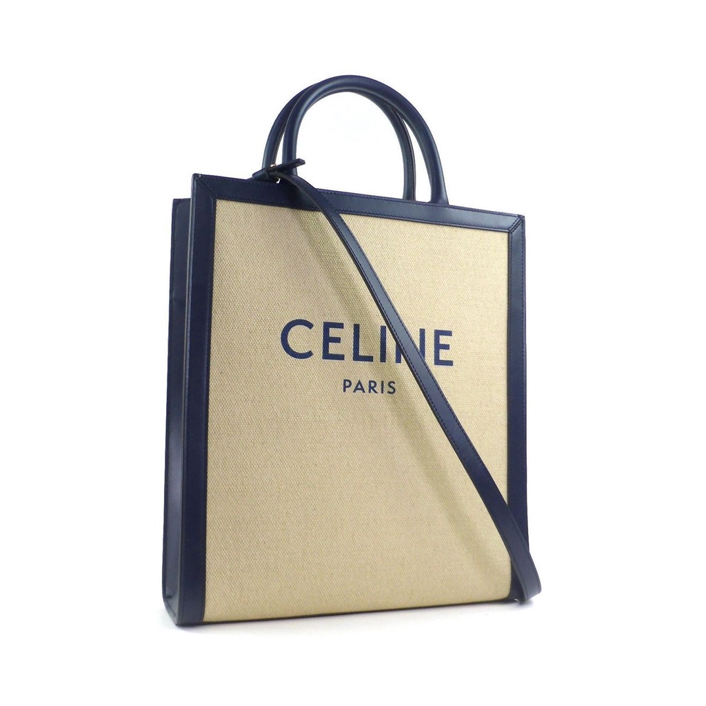 Celine 192082 帆布 Logo 小款凱旋門 Cabas 包米黃色 / 海藍色