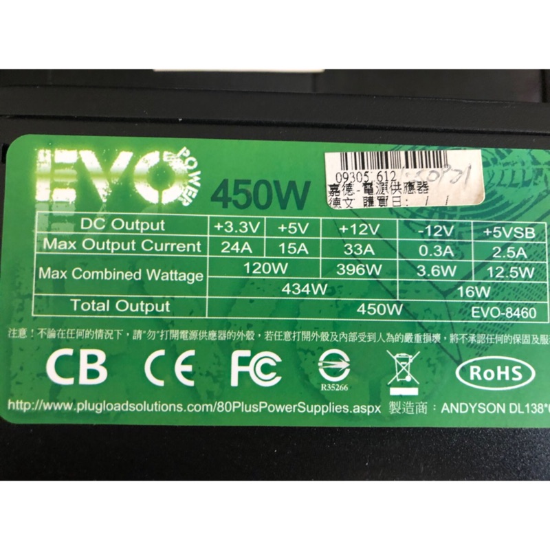 EVO電源供應器450W，power，保證良品，單6pin和單8pin，特賣250元，二手商品，保固一個月