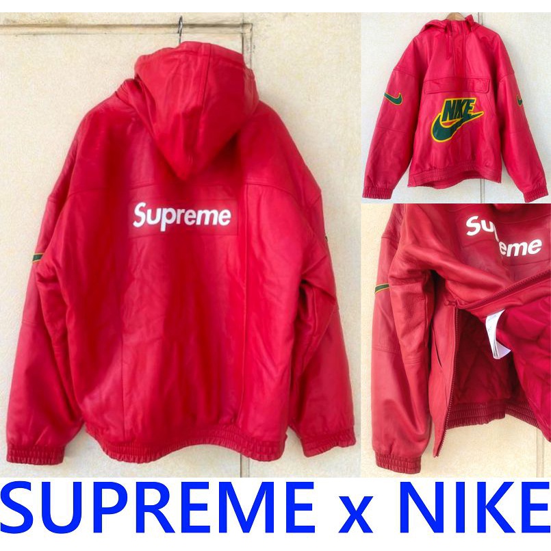 BLACK極新SUPREME x NIKE義大利小牛皮BOX紅色刺繡貼布拼接LOGO連帽長T帽T皮衣(稀有大XL號)