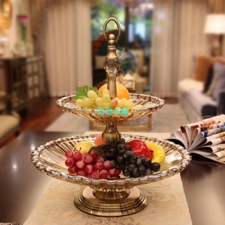 【實木果盤北歐客廳乾果盤】奢華歐式雙層玻璃果盤炫紋高檔家用客廳大號水果盤糖果盤美式擺件