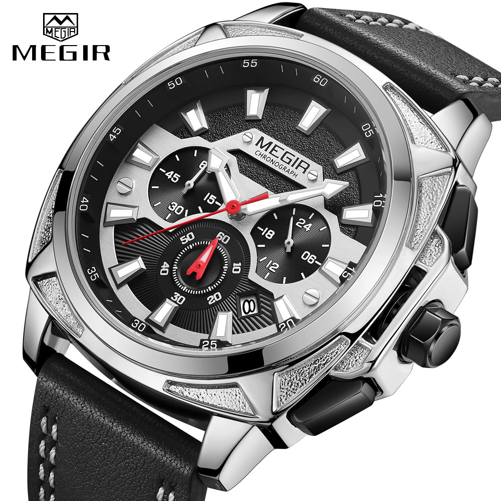 Megir 2128 新款男士運動手錶計時表石英皮革大錶盤時鐘合金 3Bar 防水 Hardlex 手錶