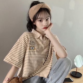 日系polo衫條紋棉短袖t恤女寬鬆學院風短款露臍上衣