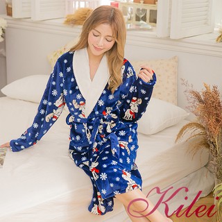 【Kilei】女生睡衣 保暖水貂絨 綁帶睡袍 糜鹿綁帶水貂絨雪花睡袍XA3153(雪地藍)全尺碼