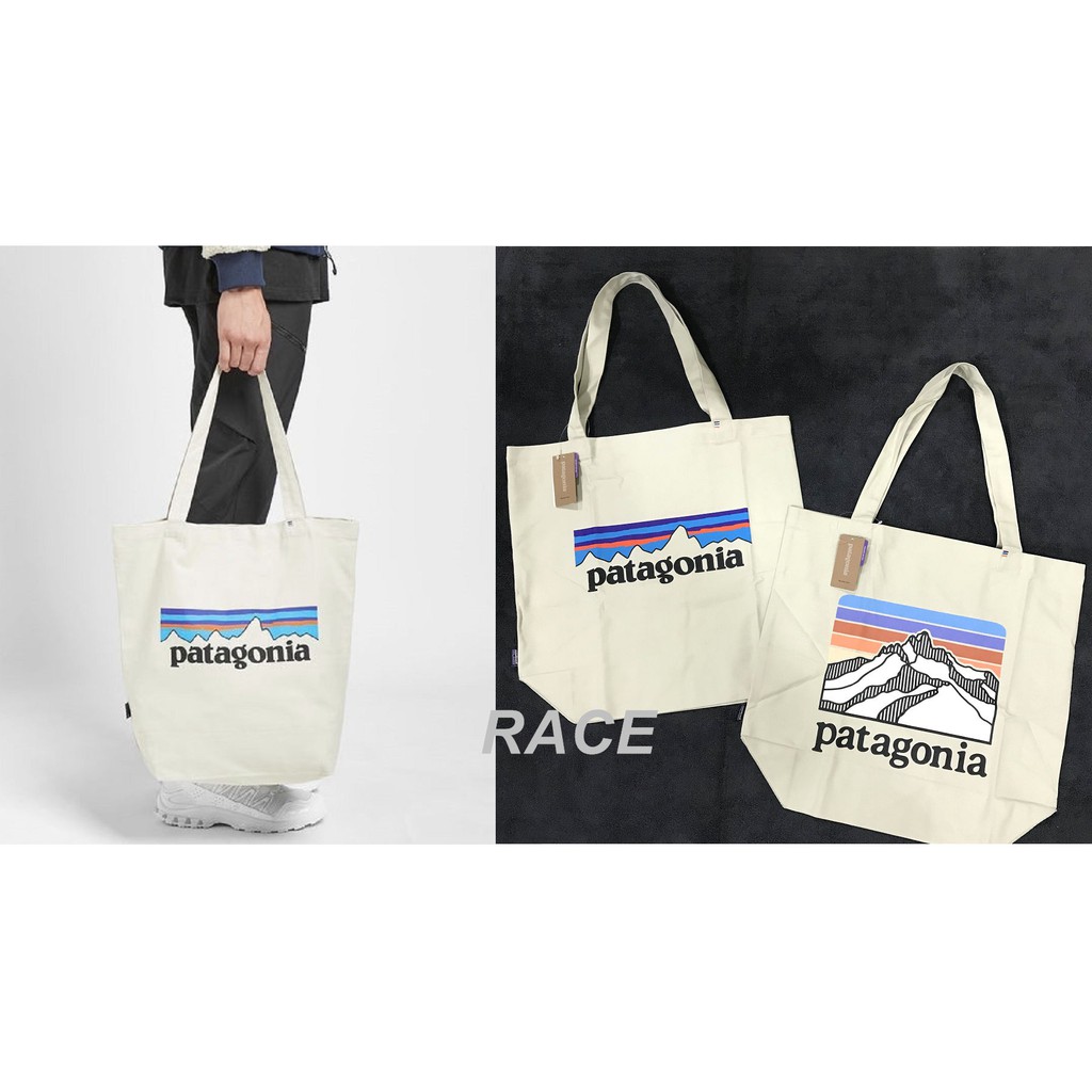 【RACE】PATAGONIA TOTE BAG 帆布袋 托特包 手提袋 肩背包 購物袋 手拿包 LOGO 米色 米白