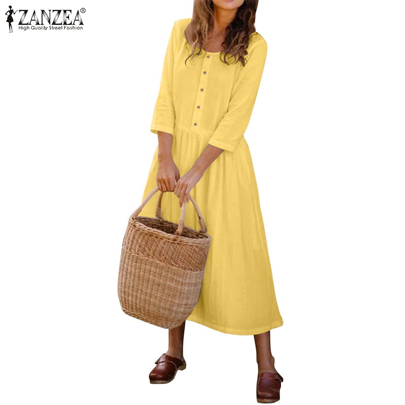ZANZEA 女式休閒日常 3/4 袖 O 領純色鈕扣羽絨拼接寬鬆長裙