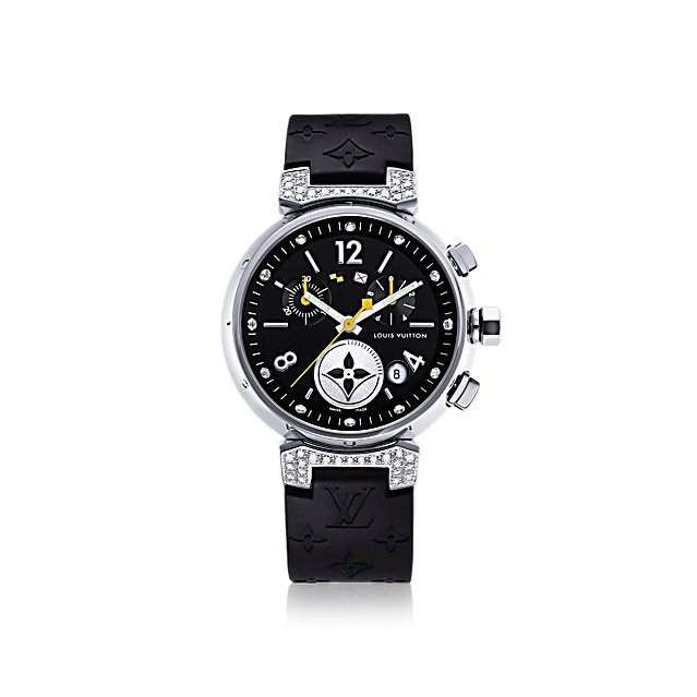 LV LOUIS VUITTON TAMBOUR計時碼錶 原廠鑲12點鑽 黑色 錶盤 三眼 / 日期