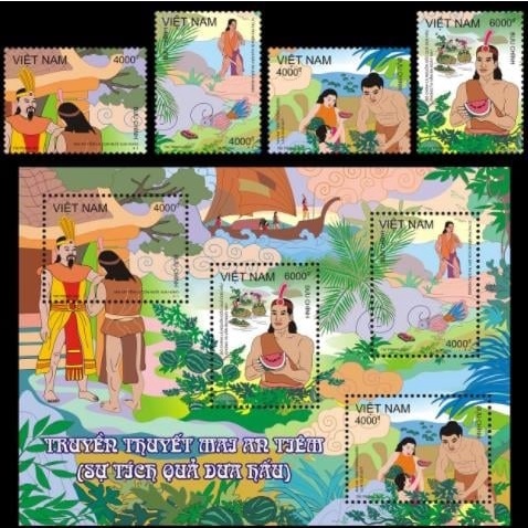 越南郵票 2021 水果 西瓜 水果的傳說神話 -套票4全上圖 -小全張下圖