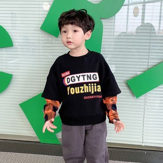【MJ萌揪】臺灣現貨~新款加絨韓版假兩件襯衫上衣 春秋款 春季長袖 長袖打底衫 男童上衣 兒童上衣 長袖上衣