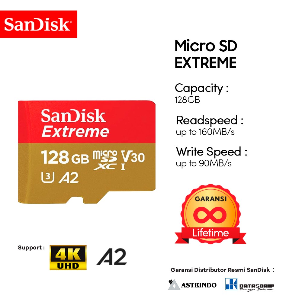 存儲卡 Micro SD 128GB 閃迪 Extreme 高達 160Mbps U3 A2 V30 終身官方保修