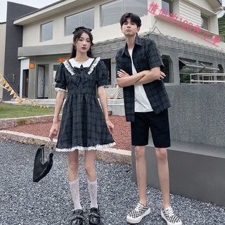 【COUPLE】情侶裝夏季新款學院風娃娃領蝴蝶結格子連衣裙男襯衣一裙一衣