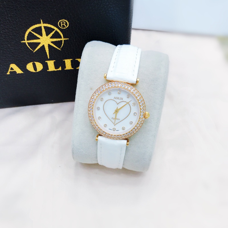 ✨ AOLIX 公司貨 ✨ 奧歷士 愛心滿鑽金色皮革錶 藍寶石鏡面 防刮 防水 保固一年