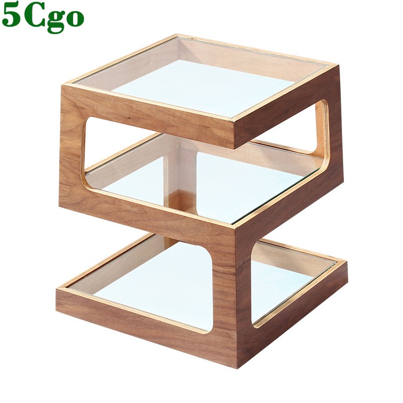 5Cgo創意正方形海拉邊幾方形茶幾現代簡約玻璃實木沙發角幾胡桃木色雙三層方幾t604784386382