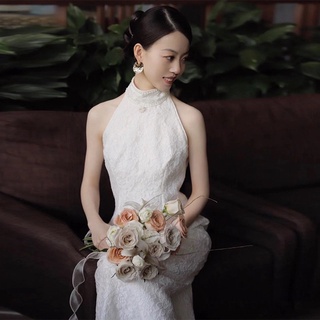 白色輕婚紗名媛宴會氣質優雅改良旗袍蕾絲掛脖晚禮服女春酒尾牙洋裝